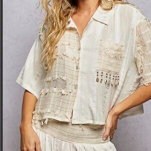 POL Cream Button-Front Short Sleeve Top with Fringe & Bead Accents